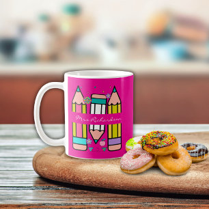 Hot Pink Colourful teacher name pencil cartoon  Coffee Mug