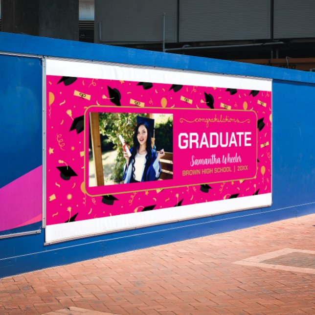 Hot Pink Congrats Graduate Custom Photo Graduation Banner (Creator Uploaded)