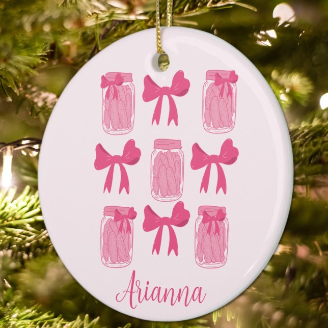 Hot Pink Coquette Pickle Jar and Bow Personalised Ceramic Ornament (Hot Pink Coquette Pickle Jar and Bow Personalized Ornament)