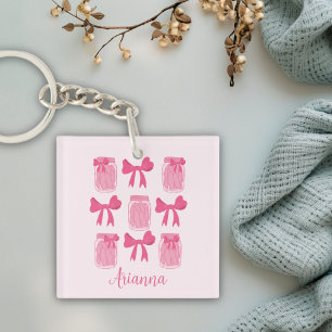 Hot Pink Coquette Pickle Jar and Bow Personalised Key Ring