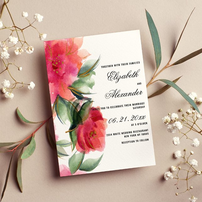 Hot pink coral forest green gold roses wedding invitation (Hot pink coral forest green gold roses wedding)