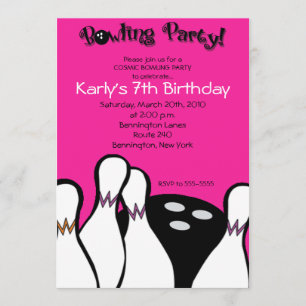 HOT PINK Cosmic Bowling Birthday Invitation 5x7