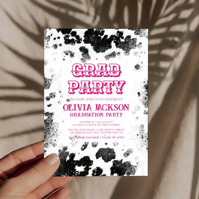 Hot Pink Cow Print Chic Rustic Graduation Party Invitation (Creator Uploaded)