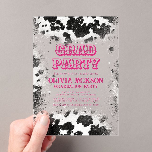 Hot Pink Cow Print Western Graduation Acrylic Invitations (Insitu (Handheld))