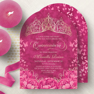 Hot Pink Crown Butterflies Elegant Quinceanera Invitation