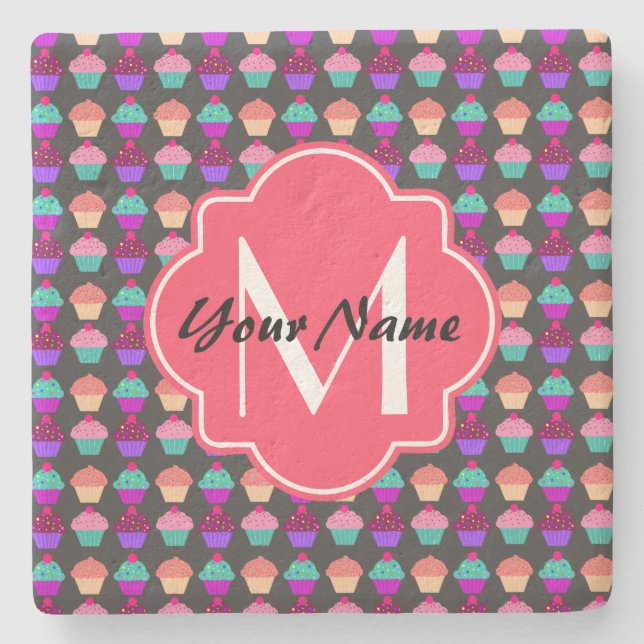 Hot Pink Cupcakes Personalised Name,Monogram Stone Coaster (Front)