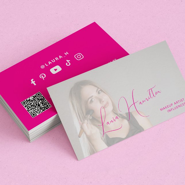 Hot pink custom photo makeup artist QR CODE Business Card (Creator Uploaded)