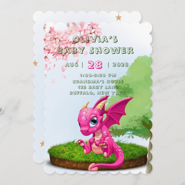 Hot Pink Cute Dragon Girl Baby Shower Invitation (Front/Back)