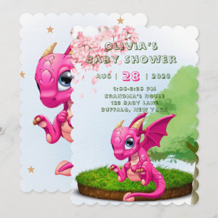 Hot Pink Cute Dragon Girl Baby Shower Invitation