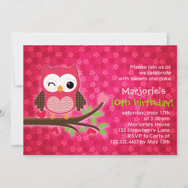 Hot Pink Cute Owl Girly Birthday Party Invitation (Front)