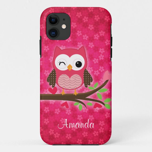 Hot Pink Cute Owl Girly Case-Mate iPhone Case (Back)