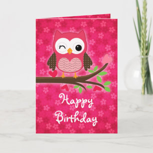 Hot Pink Cute Owl Girly Happy Birthday Card