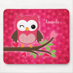 Hot Pink Cute Owl Girly Mouse Pad