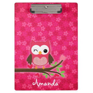Hot Pink Cute Owl Girly Personalised Clipboard