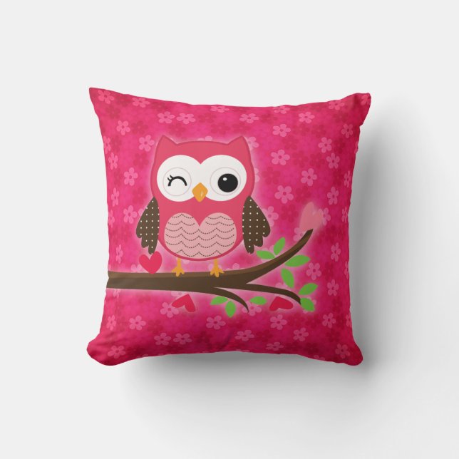 Hot Pink Cute Owl Girly Personalised Cushion (Front)