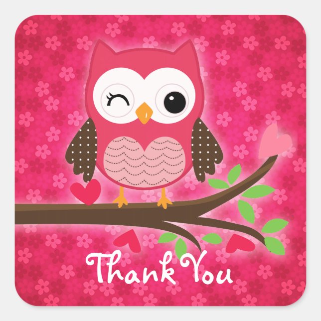 Hot Pink Cute Owl Girly Thank You Square Sticker (Front)