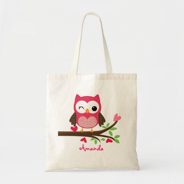 Hot Pink Cute Owl Girly Tote Bag (Front)