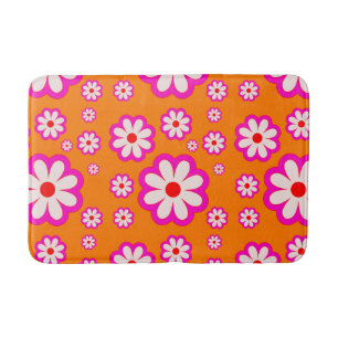 Hot Pink Daisies on Burnt Orange 70s Retro Floral Bath Mat
