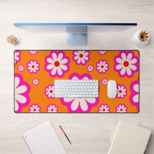 Hot Pink Daisy on Burnt Orange Retro BOHO Floral Desk Mat