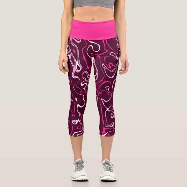 Hot pink damascus abstract swirls cool pattern capri leggings (Front)