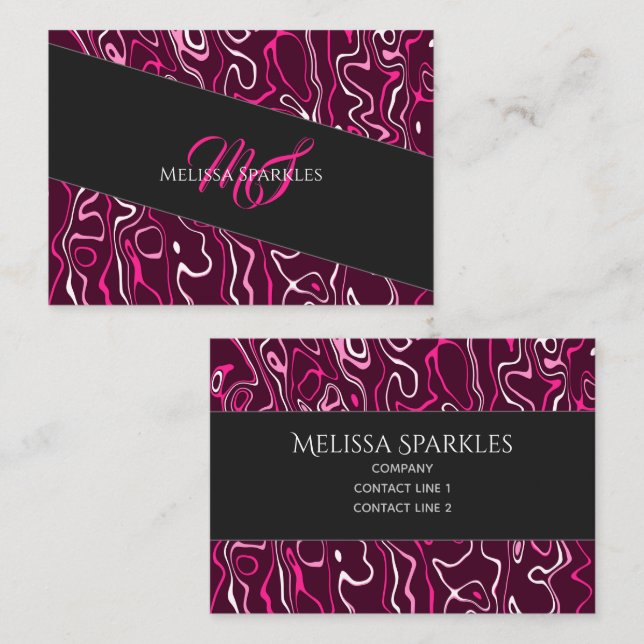 Hot pink damascus abstract swirls Custom Monogram Business Card (Front/Back)