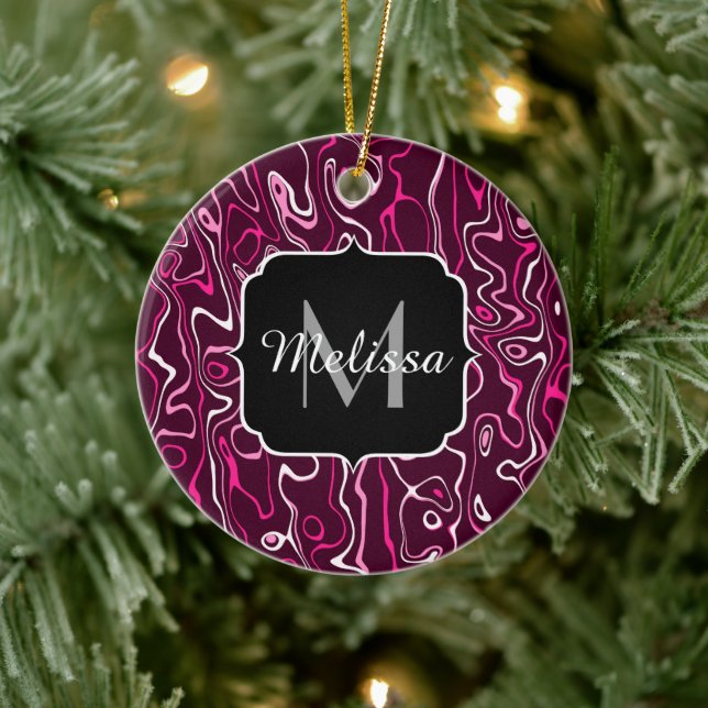 Hot pink damascus abstract swirls Custom Monogram Ceramic Ornament (Tree)