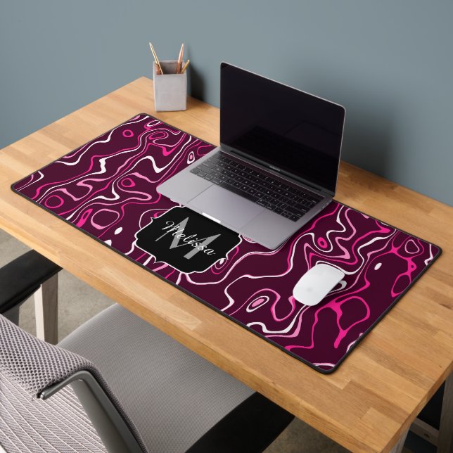 Hot pink damascus abstract swirls Custom Monogram Desk Mat (Office 2)