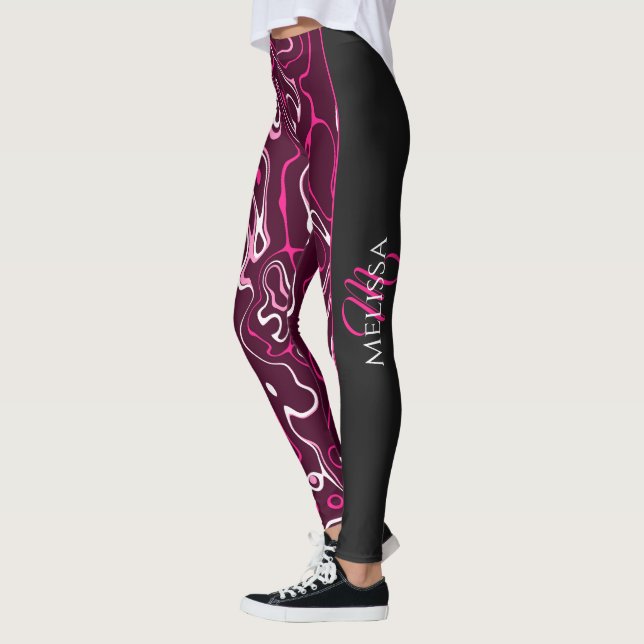 Hot pink damascus abstract swirls Custom Monogram Leggings (Left)