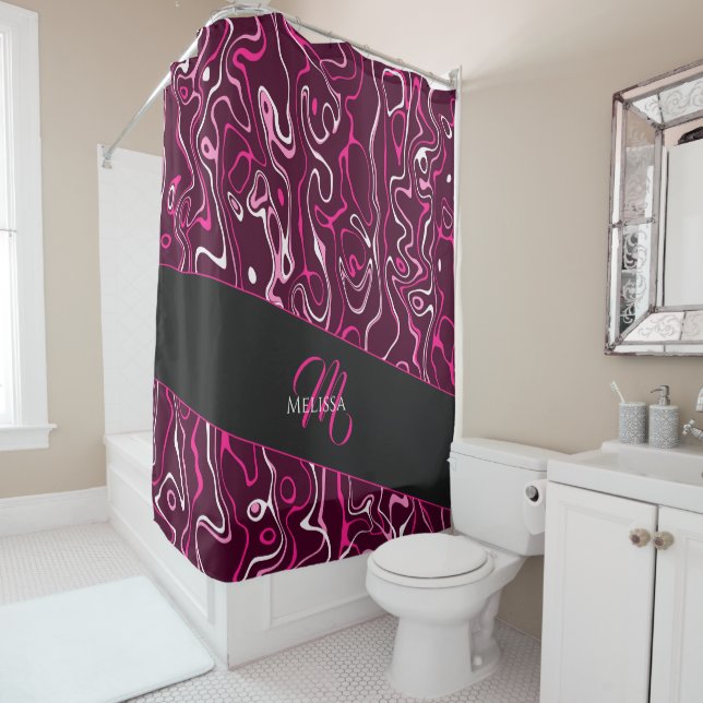 Hot pink damascus abstract swirls Custom Monogram Shower Curtain (In Situ)