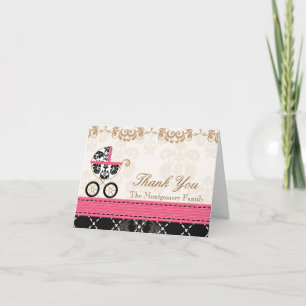 HOT PINK Damask Baby Carriage Shower Thank You Card