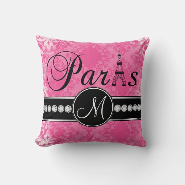 Hot Pink Damask Black Parisian Monogram Pillow (Front)