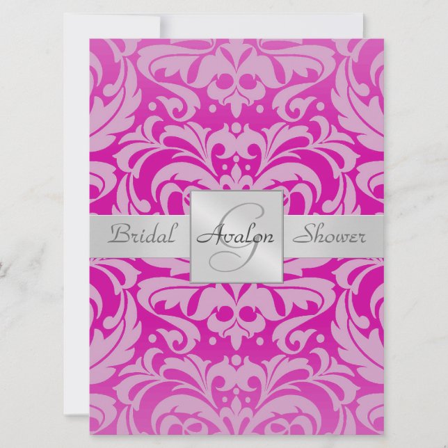 Hot Pink Damask Bridal Shower Monogram Invitation (Front)