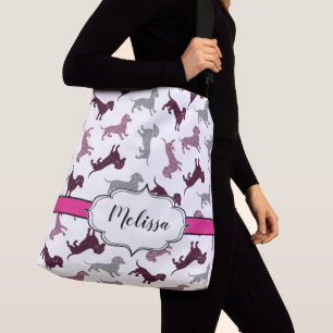Hot Pink Damask Dachshunds Custom Name Crossbody Bag