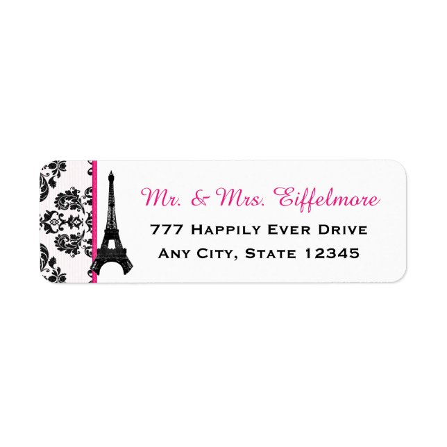 Hot Pink Damask Eiffel Tower Return Address Label (Front)