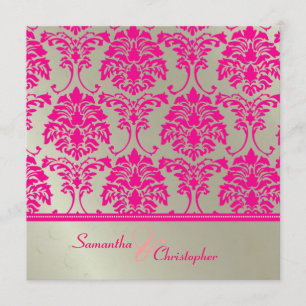Hot pink damask/faux silver wedding invitation
