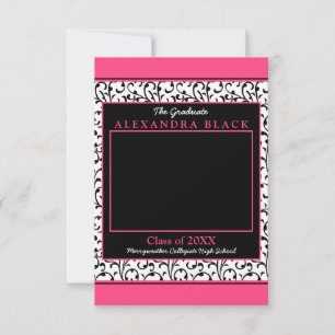 Hot Pink Damask Floral Photo Graduation Invitation