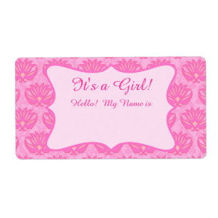 Hot Pink Damask Girl Baby Shower Custom Name Tag