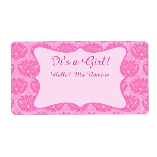 Hot Pink Damask Girl Baby Shower Custom Name Tag Shipping Label