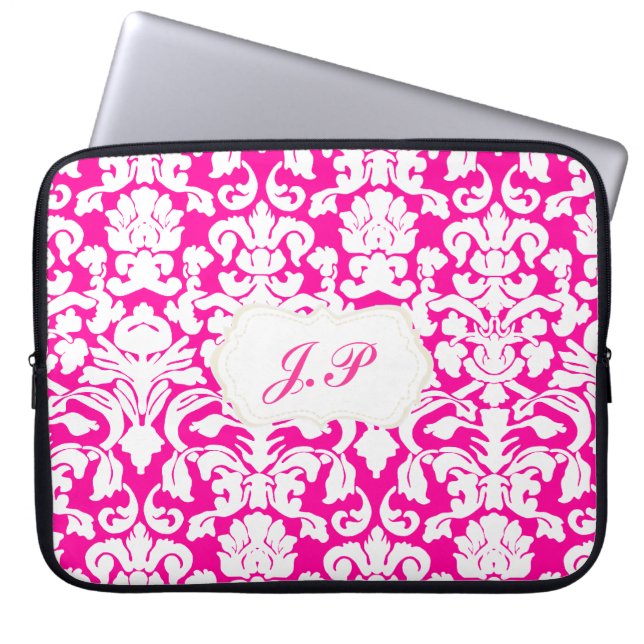 Hot pink damask laptop case with custom initials (Front)
