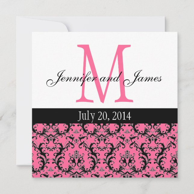 Hot Pink Damask Monogram Wedding Invitation 4 (Front)