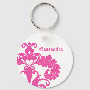 Hot pink damask on white pretty key ring