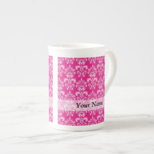 Hot pink damask pattern bone china mug