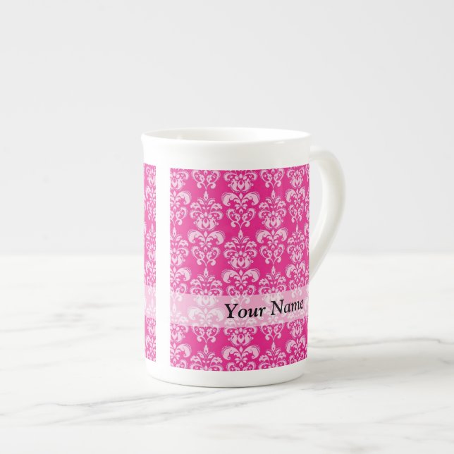 Hot pink damask pattern bone china mug (Front Right)