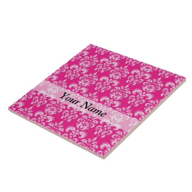 Hot pink damask pattern ceramic tile (Side)