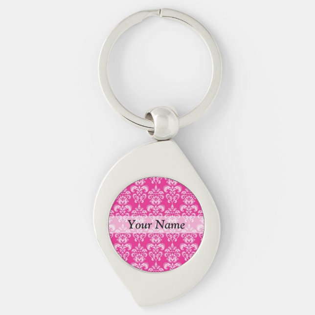 Hot pink damask pattern key ring (Front)