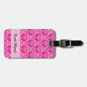 Hot pink damask pattern luggage tag