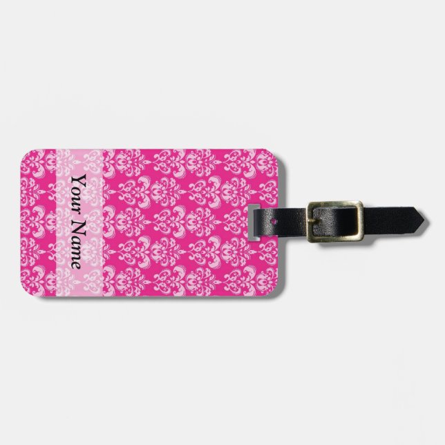 Hot pink damask pattern luggage tag (Front Horizontal)