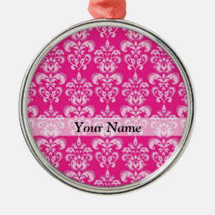 Hot pink damask pattern metal ornament