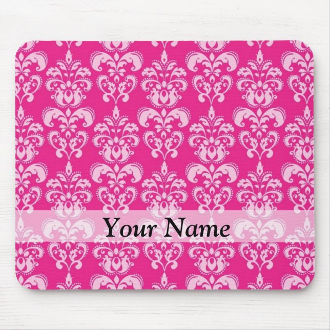 Hot pink damask pattern mouse pad (Front)