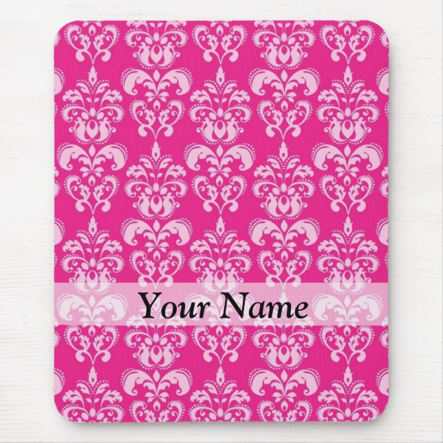 Hot pink damask pattern mouse pad (Front)